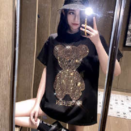 金钻闪闪烫钻中长款t恤女短袖2023夏季新款女装时尚洋气网红上衣