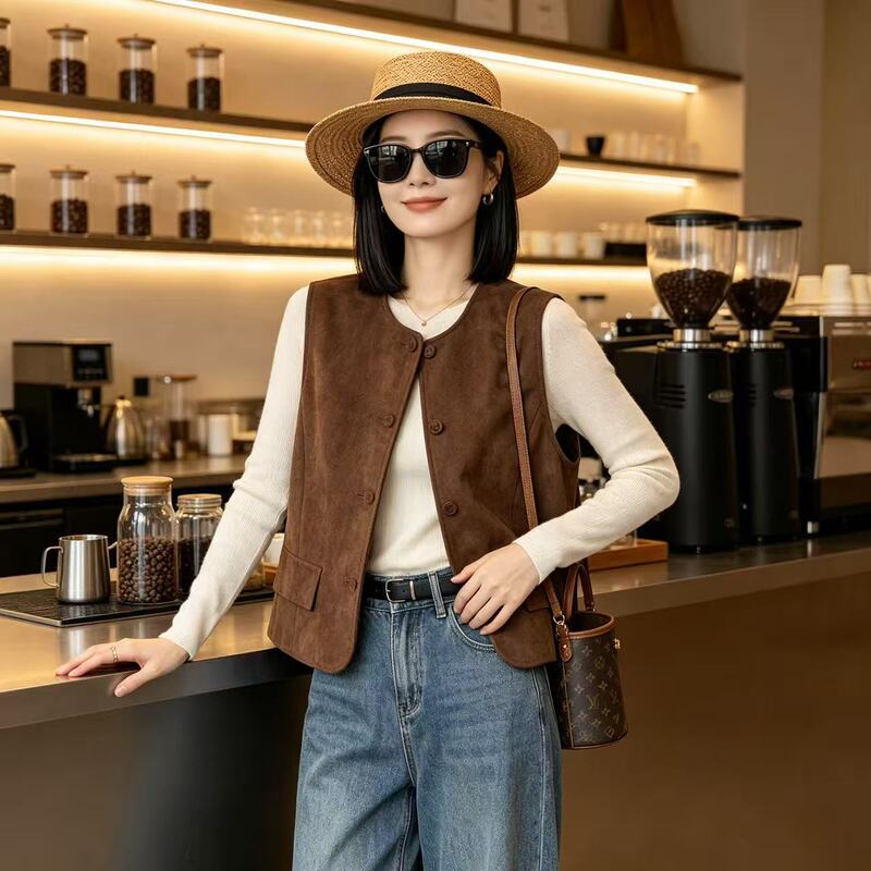 High-quality coffee-colored Melard suede short vest for women, fashionable and stylish, 26 spring/autumn vintage layered sleeveless design High-quality coffee-colored Melard suede short vest for women, fashionable and stylish, 26 spring/autumn vintage layered sleeveless design