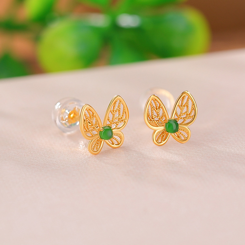 Bông tai bạc S925 mạ vàng hình bướm rỗng phong cách retro — Kiểu màu bạc