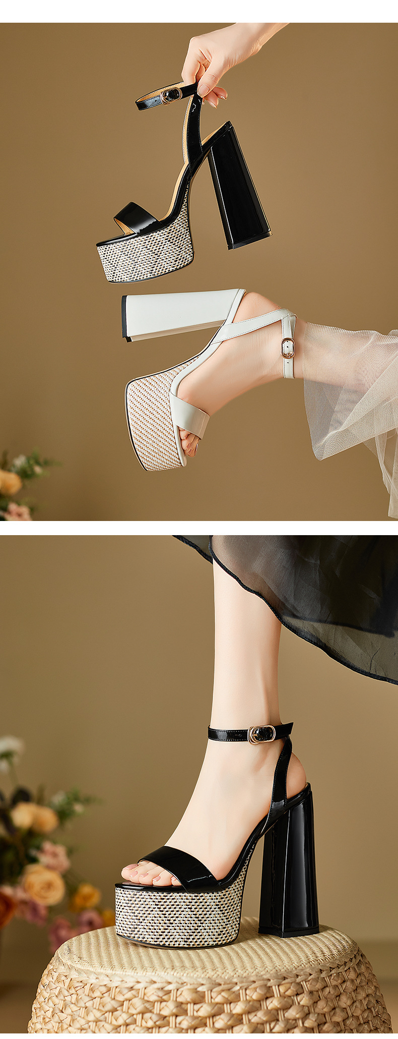 Sandal hở mũi một dây Yichuan da thật gót vuông cao 9 cm — đen chi tiết 5