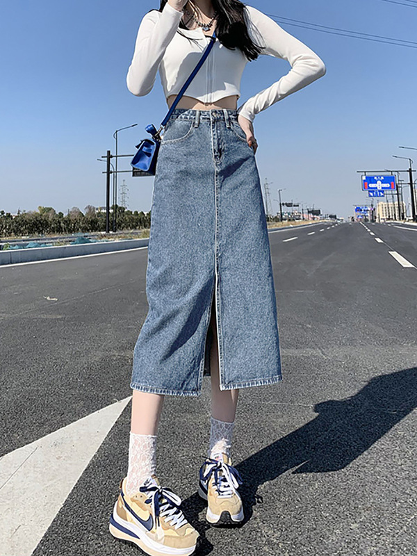 高腰开叉牛仔半身裙女夏季新款a字裙包臀裙小个子梨型中长裙|undefined