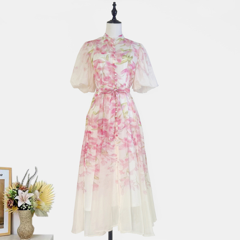 Cross-Border French Retro Gentle Style Puff Sleeve Fashion Printed Single-Breasted Summer Flowing Dress Long Skirt for Women Cross-Border French Retro Gentle Style Puff Sleeve Fashion Printed Single-Breasted Summer Flowing Dress Long Skirt for Women