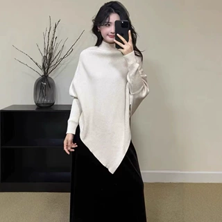 简约高级感斗篷毛衣女不规则显瘦蝙蝠袖针织衫 半高领慵懒风上衣