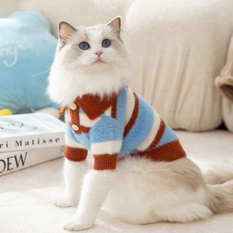 Осенняя и зимняя кошачья одежда POLO воротник полосатый кардиган зимний теплый свитер синий кот молодой кот безволосый кот кошачья одежда