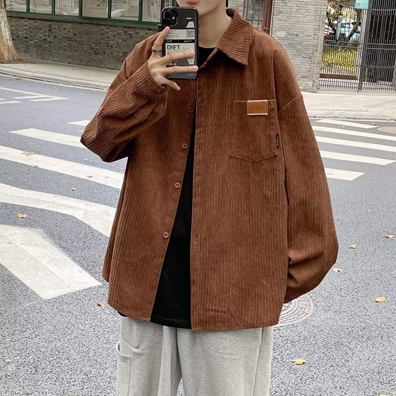 Otoño e invierno nuevo estilo waffle camisa de manga larga estilo de Hong Kong para hombre cec marca de moda suelta casual hermosa chaqueta de camisa etiquetada