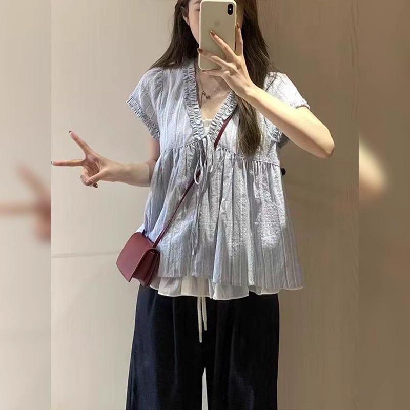Áo sơ mi nữ giả hai mảnh tay ngắn sọc mỏng form rộng — Màu xanh lam chi tiết 2