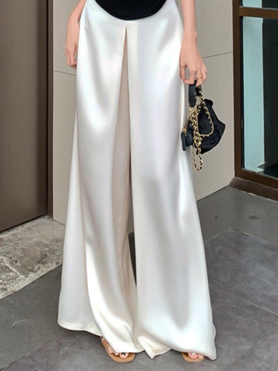 Women's Fashion Satin White Wide Leg Pants High Waist Straight Leg Floor Length Trousers Early Spring Style_ecoleips.com