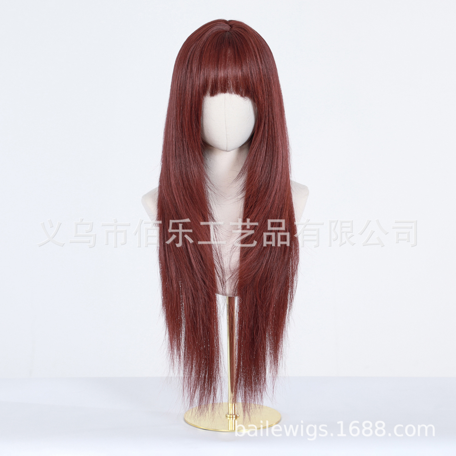 Rojo vino pelucca europea y americana Qi Liuhai capas de cabello largo recto mujer cabeza completa fábrica al por mayor en stock de cabello