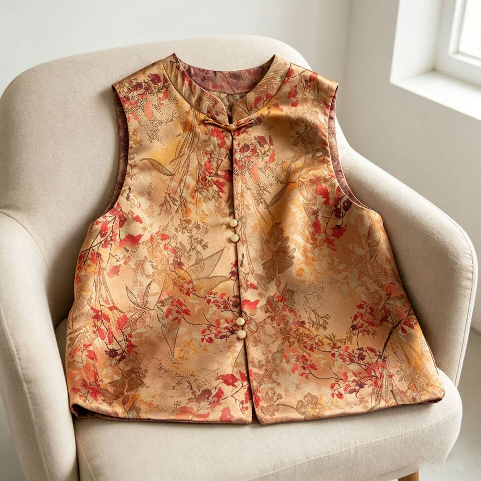 Áo gile không tay dệt jacquard họa tiết nổi, dáng rộng, mặc được hai mặt, dài áo 50–65 cm — Lá phong thu + lá vàng thu, mặc được hai mặt, Lá phong đỏ + lá phong thu, mặc được hai mặt, Lá vàng mùa thu + lá phong đỏ, mặc được hai mặt, Đỏ rực + Xanh ô liu, mặc được hai mặt