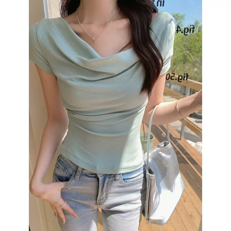 小个子小众设计感短袖t恤女夏季时尚纯色短款内搭打底衫上衣女装
