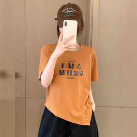 YING+十三行涂鸦创意字母侧边倒三角抽绳显瘦百搭短袖T恤M79-7715