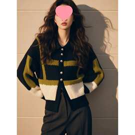 秋冬新款法式复古女装撞色设计感圆领小香风长袖针织开衫上衣