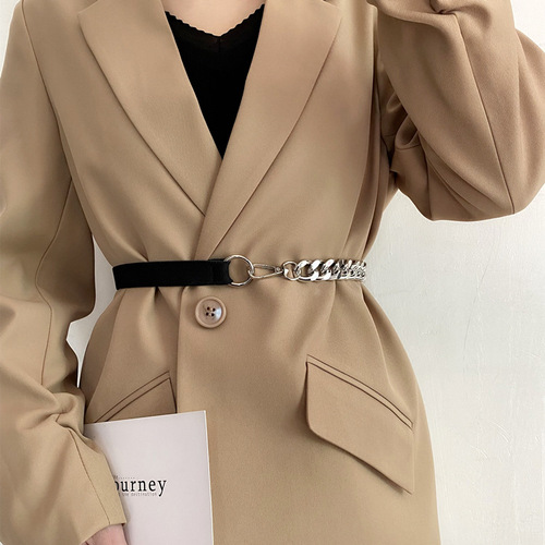 Lazy Person Ins Style Belt with Metal Chain Elastic Waist Belt for Women Decorative Fashion Dress Suit Coat Waist Chain