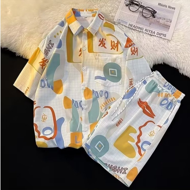 2024 유럽과 미국의 여름 새로운 거리 힙 스터 흑백 줄무늬 하와이 해변 국경 남성 셔츠 세트