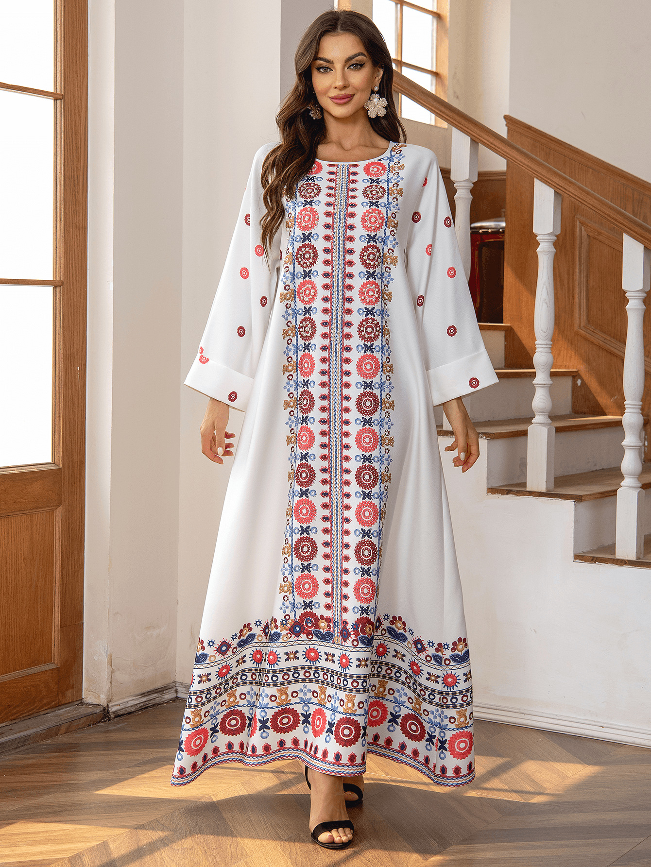 ZD028 Cross-border Middle Eastern Foreign Trade Muslim Ethnic Long Dress With Printed Gold Foil And Beading Elegant_ecoleips.com
