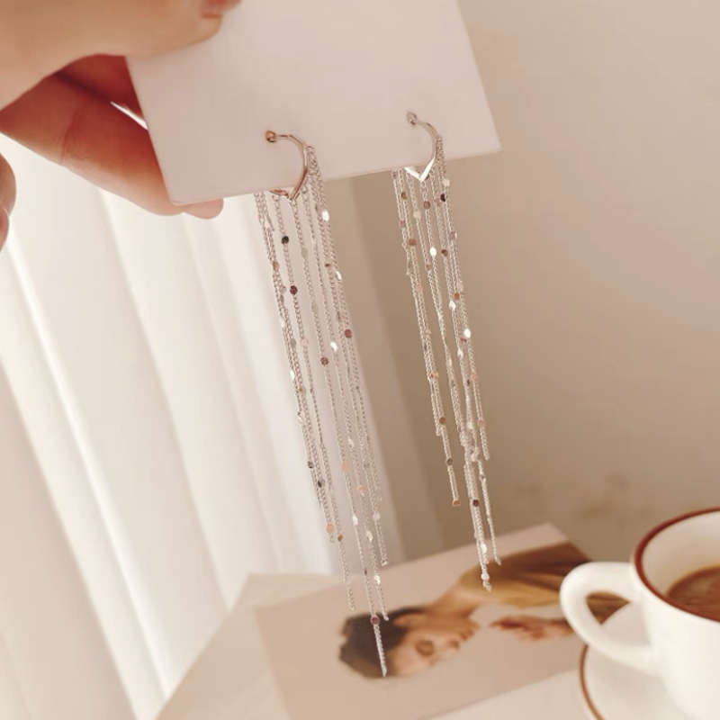 [S925 silver needle] Dongdaemun Korean style tassel ear buckle Internet celebrity new earrings women's long slimming face ear line
