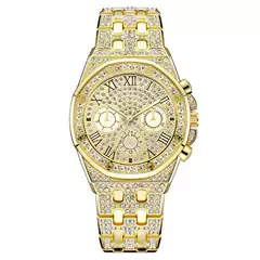 New Trendy Men's Quartz Watch with Steel Band, Diamond-Embedded Starry Dial, Roman Numerals and Three Sub-Dials