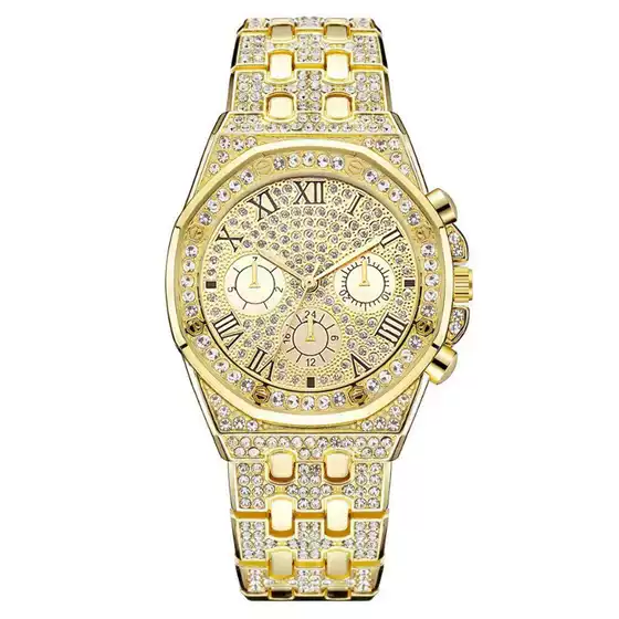 New Trendy Men's Quartz Watch with Steel Band, Diamond-Embedded Starry Dial, Roman Numerals and Three Sub-Dials
