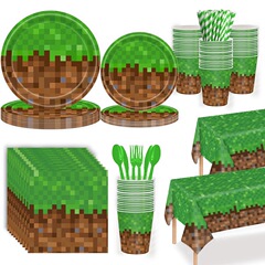Minecraftゲームテーマパーティーテーブルクロス ピクセルバトルマイニングデコレーション 使い捨てディナープレートテーブルクロスセット