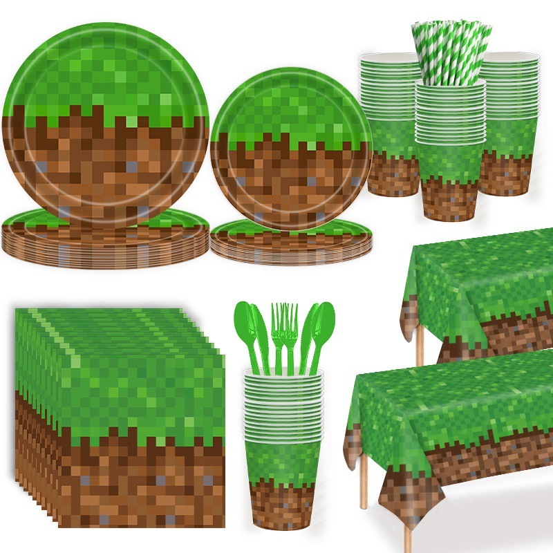 Minecraftゲームテーマパーティーテーブルクロス ピクセルバトルマイニングデコレーション 使い捨てディナープレートテーブルクロスセット|undefined