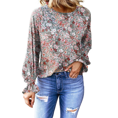 2025 Autumn Women's European and American Fashion Amazon Foreign Trade Cross-border New Floral Round Neck Blouse Women Lantern Sleeve Top