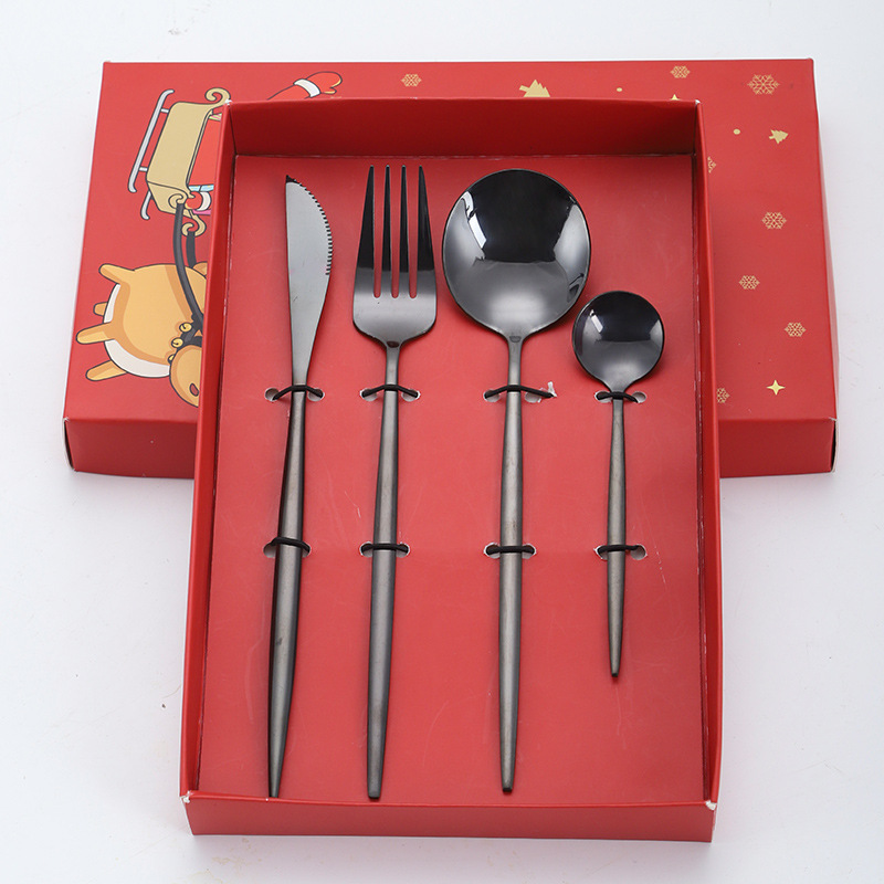 Amazon caja de regalo de Navidad transfronteriza cuchillo de acero inoxidable portugués, tenedor y cuchara conjunto de cuatro piezas cuchillo de carne y tenedor cuchara de comida principal