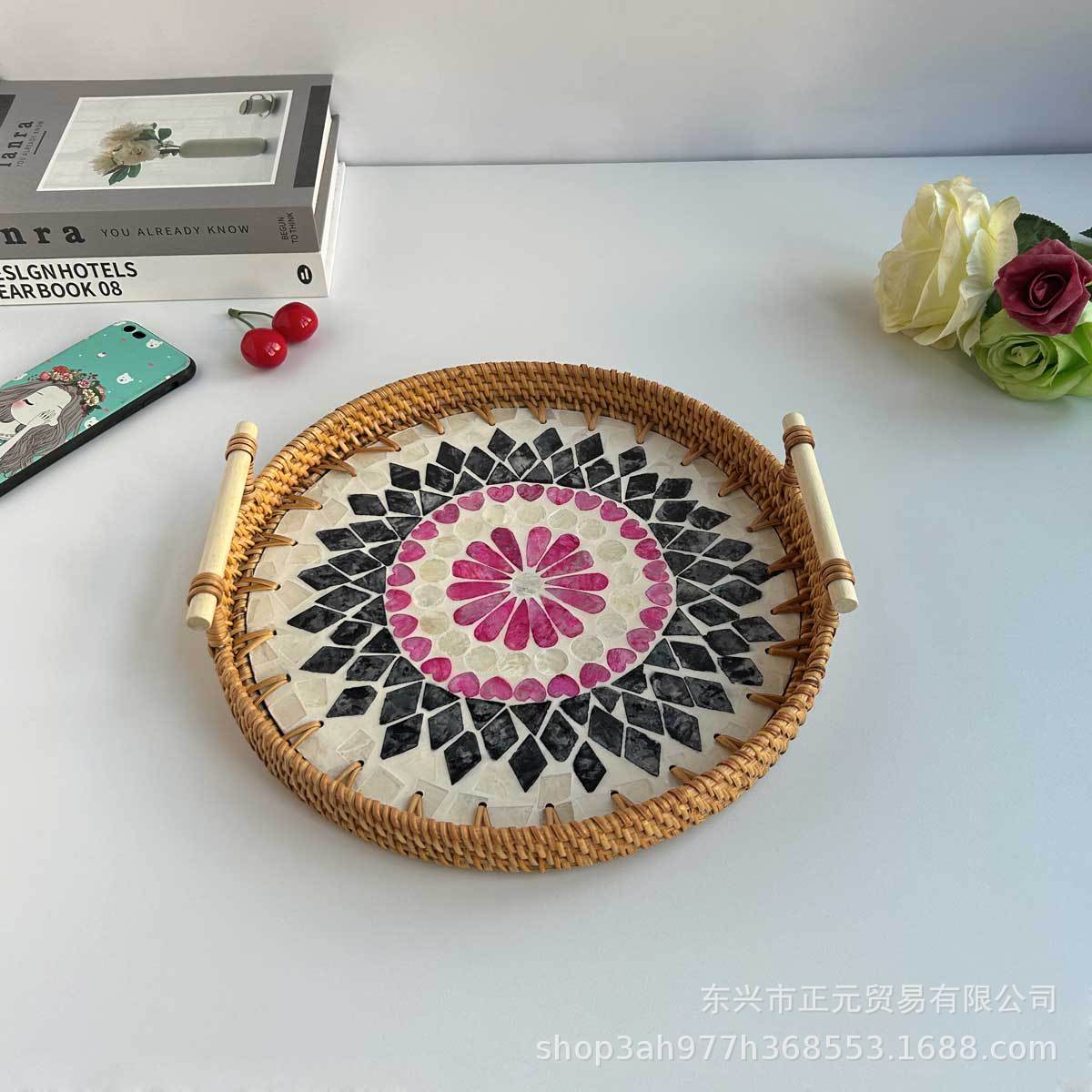 Vietnam ratán tejido Shell bandeja color Shell tejido merienda cesta de almacenamiento merienda bandeja fruta pan té bandeja