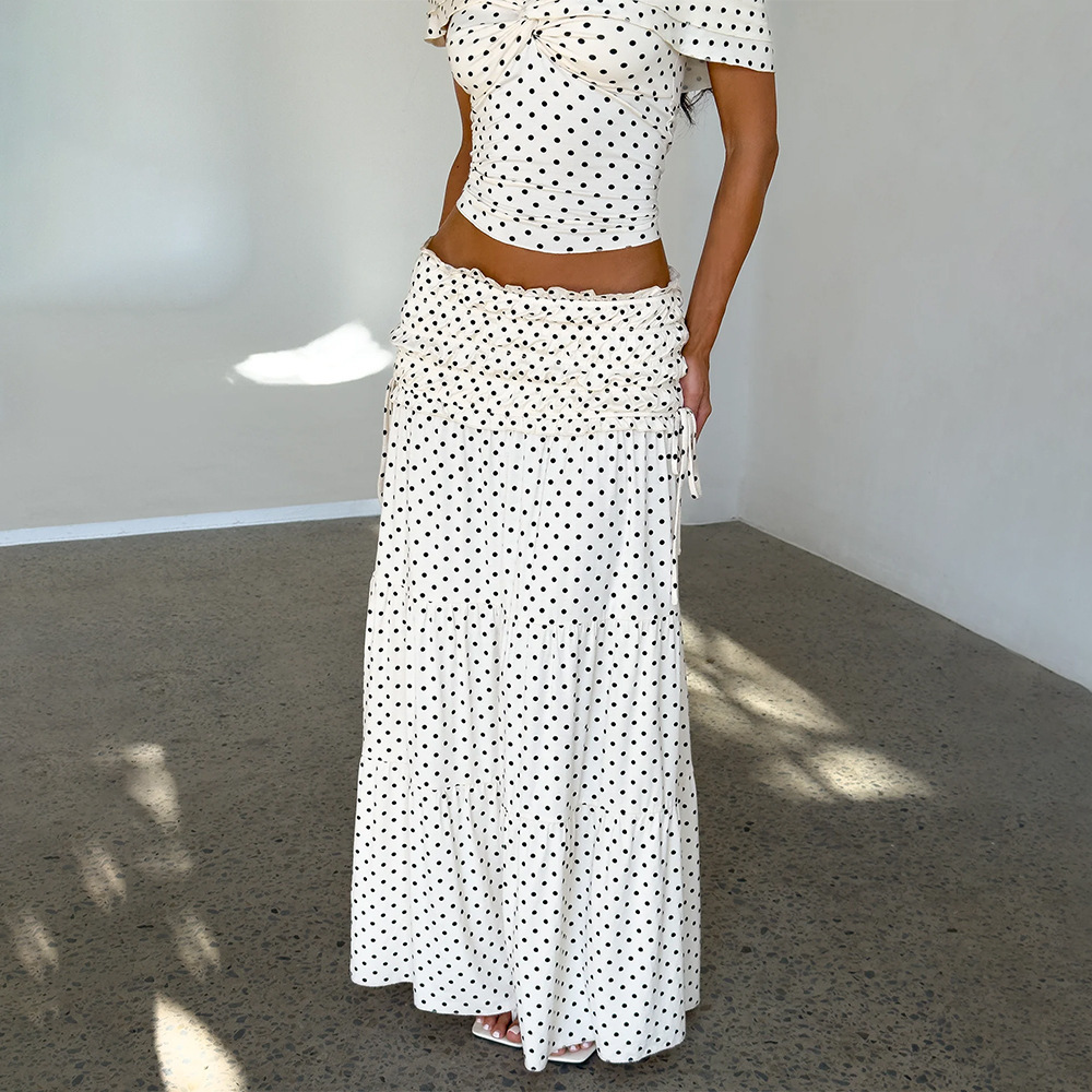 Women's Polka Dot Skirt Set Off-Shoulder Top & Pleated Midi Skirt Summer New Arrival_ecoleips.com