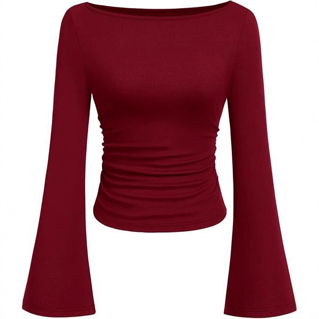 Европейская и американская сексуальная однотонная футболка с вырезом лодочкой и рукавами-колокольчиками для женщин, осень 2025, облегающий плиссированный топ для похудения с длинными рукавами