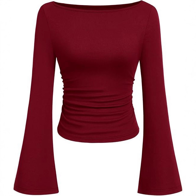 European and American American Sexy Pure Color Boat Neck Bell Sleeve T-Shirt for Women 2025 Autumn Slim Fit Pleated Slimming Look Top Long Sleeves