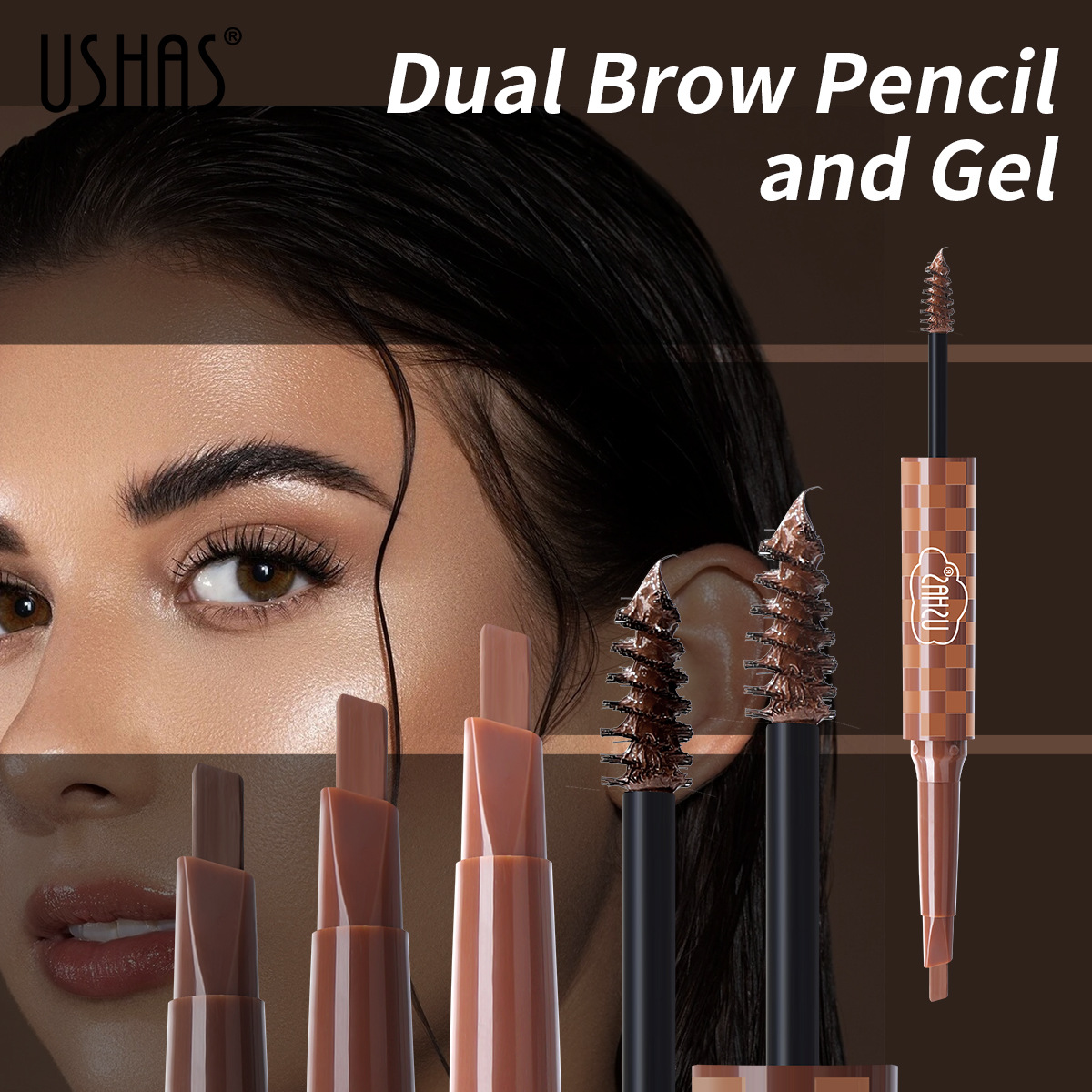 USHAS European and American Cross-border spot 3 colores multifunción no mancha impermeable a prueba de sudor lápiz de cejas cepillo de cejas caja de venta directa de fábrica