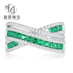 慕景珠寶2023新款歐美跨境款祖母綠排愛交織戒指lazada新品