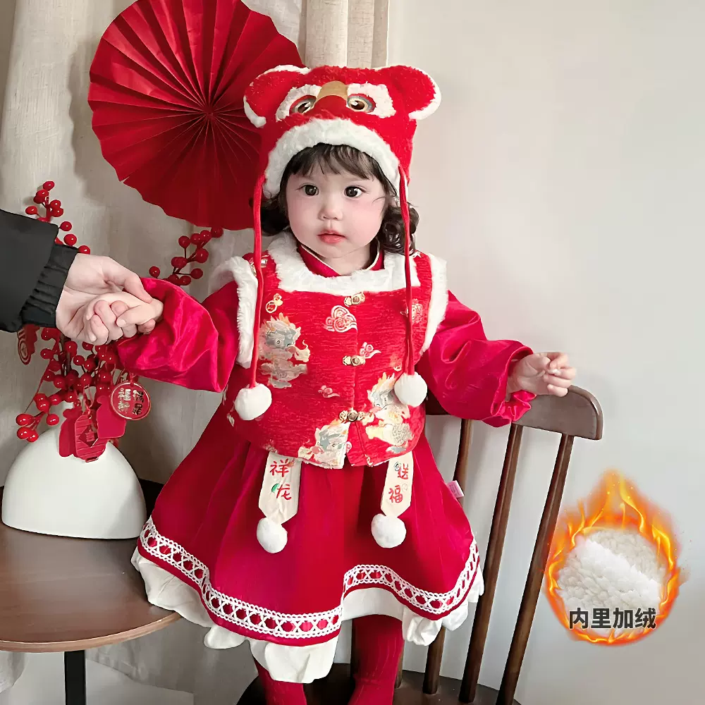 2025女童喜庆连衣裙中国风唐装3339女宝宝冬季加绒保暖新年拜年服
