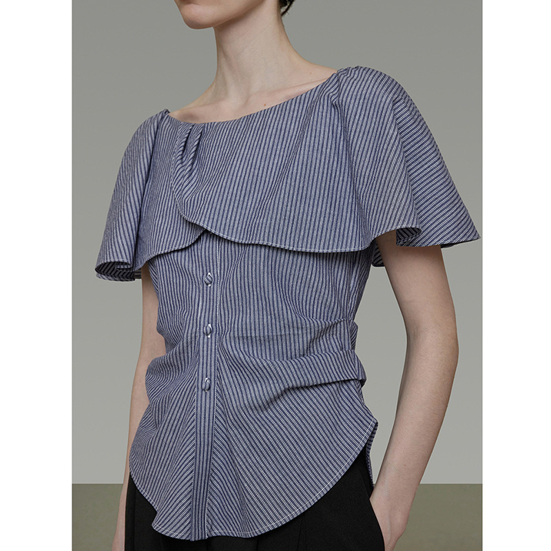 In-Stock Unsp Off-Shoulder Lace Striped Short-Sleeve Shirt for Women, 2026 Summer New Style, Elegant Waist-Cinching Slimming Top