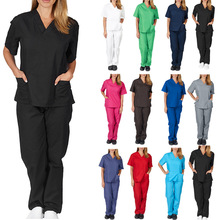 欧美新款纯色口袋V领护理工作制服护服护士服两件套套装女
