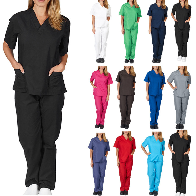 European and American new style solid color pocket V-neck nursing work uniform nurse clothes two-piece set suit women