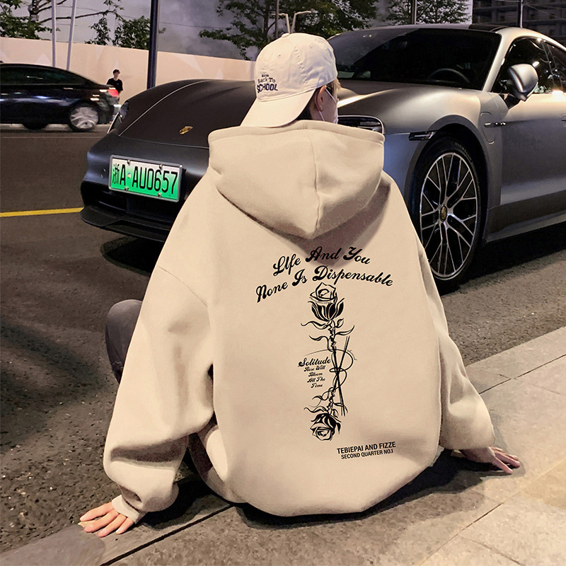 Heavyweight Cotton Rose Print Couple Sweatshirt for Men, Autumn and Winter Fleece-Lined Thickened Hong Kong Style Hooded Jacket, Loose Hoodie