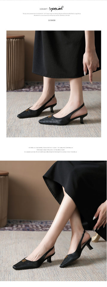 Sandal nữ bít mũi hở gót mũi vuông nhỏ vân cá sấu khóa kim loại, gót vuông 3–6 cm — Màu trắng ngà, Màu vàng nhạt, màu đen chi tiết 11