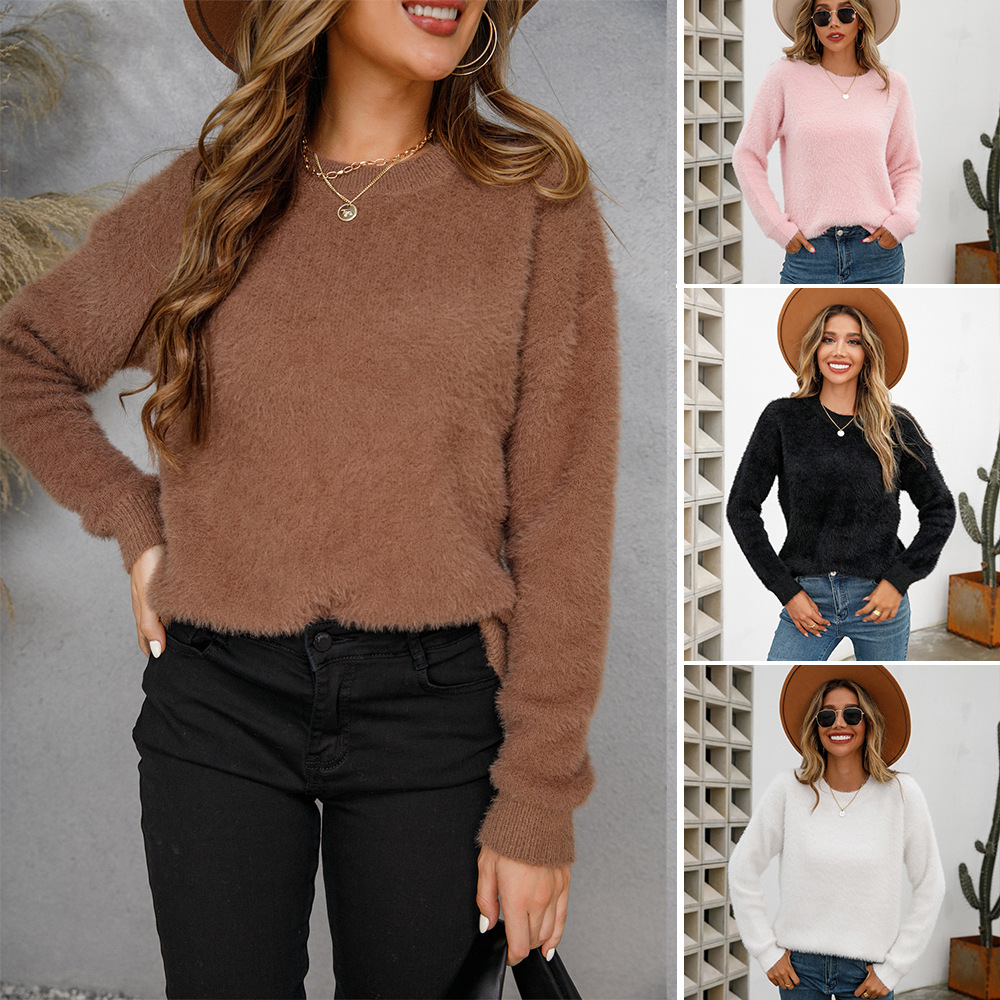 Suéter de punto de cuello redondo de manga larga de color liso, estilo nuevo de primavera 2026, talla grande, de felpa, exportación europea y americana, superventas.