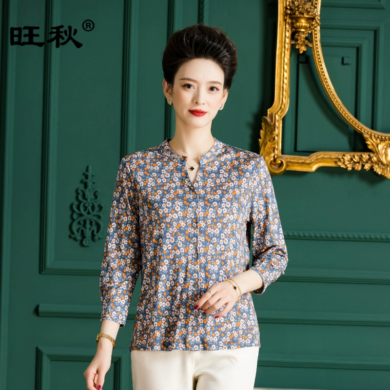 Da Factory прямая печать шелковицы шелковицы топ с круглым вырезом тонкая трикотажная рубашка тяжелый шелковый топ F3365