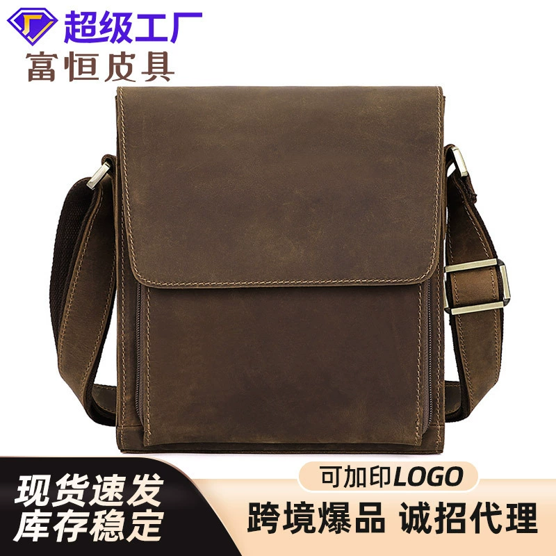 Новая винтажная кожаная мужская сумка с верхним слоем из воловьей кожи, трансграничные поставки, оптовая продажа с фабрики, простая сумка через плечо большой емкости