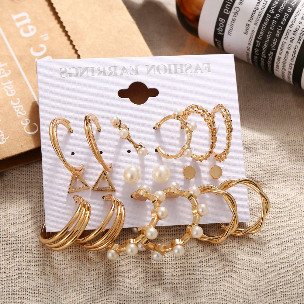 European and American cross-border new pearl-set women's earrings Creative French vintage gold earrings set of 6