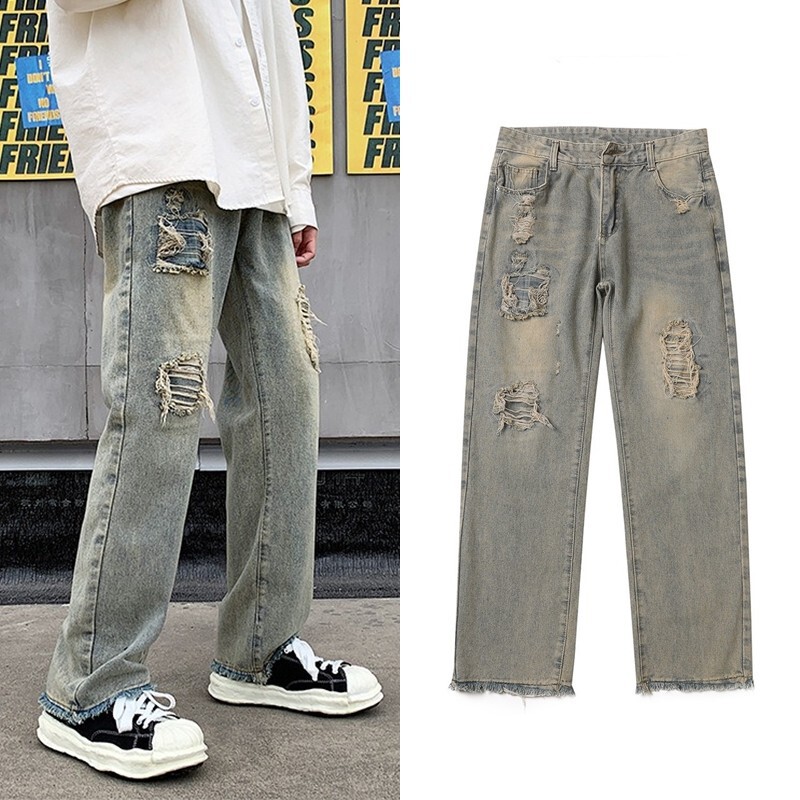 Japanese Style Retro Ripped Jeans Men's Hong Kong Style Street Hip-Hop Fashionable Loose Bf Casual Old Woolen Wide-Leg Pants