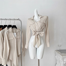 2025实拍莱赛尔亚麻衬衫慵懒下摆打结长袖衬衣上衣