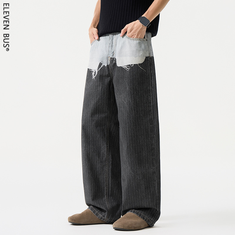 Ac Style Loose Straight-Leg Denim Patchwork Men's Striped Trousers Trendy High Street Fake Two-Piece Denim Long Pants for Men