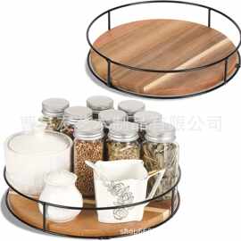 木质圆形相思木置物架厨房可旋转香料整理架铁艺结合桌面收纳架