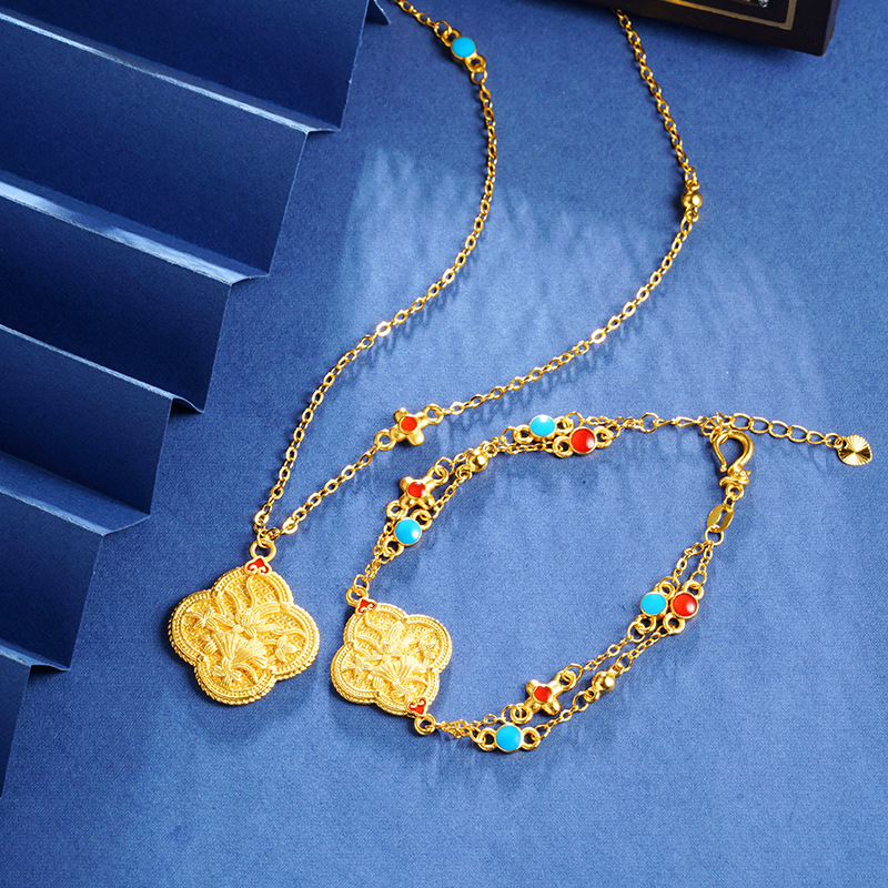 Nueva pulsera de oro de arena china, esmalte, collar de flores de cuatro hojas