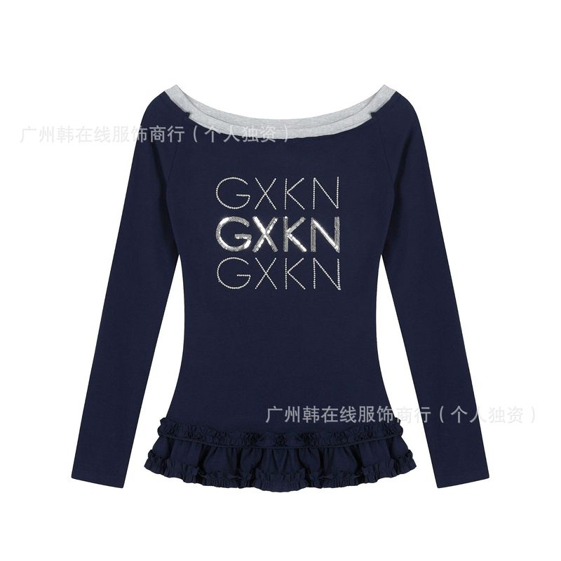 现货韩系撞色亮片斜肩长袖T恤女春秋荷叶边设计感显瘦内搭上衣|undefined