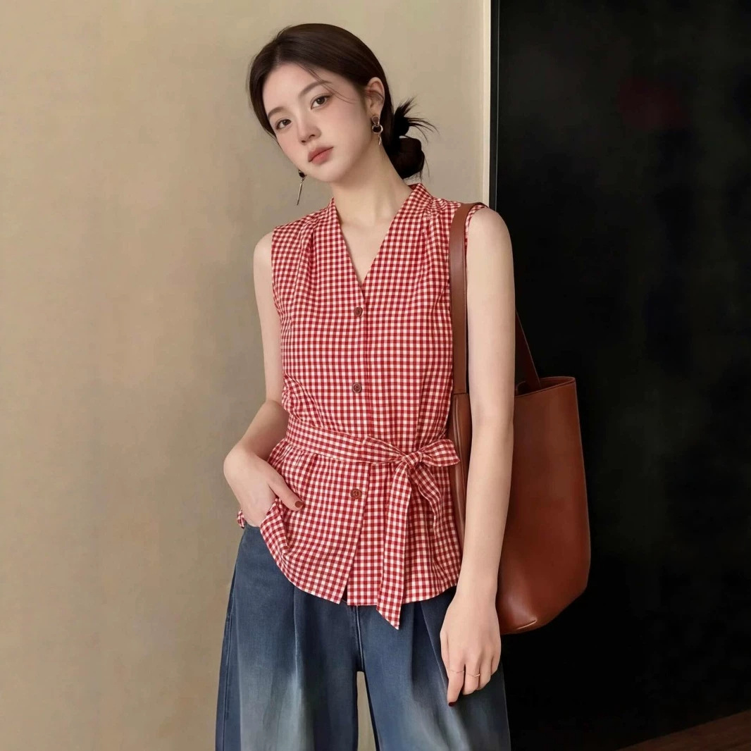 苏眠红色格子系带无袖衬衫 2026夏季新款气质百搭V领宽松马甲上衣