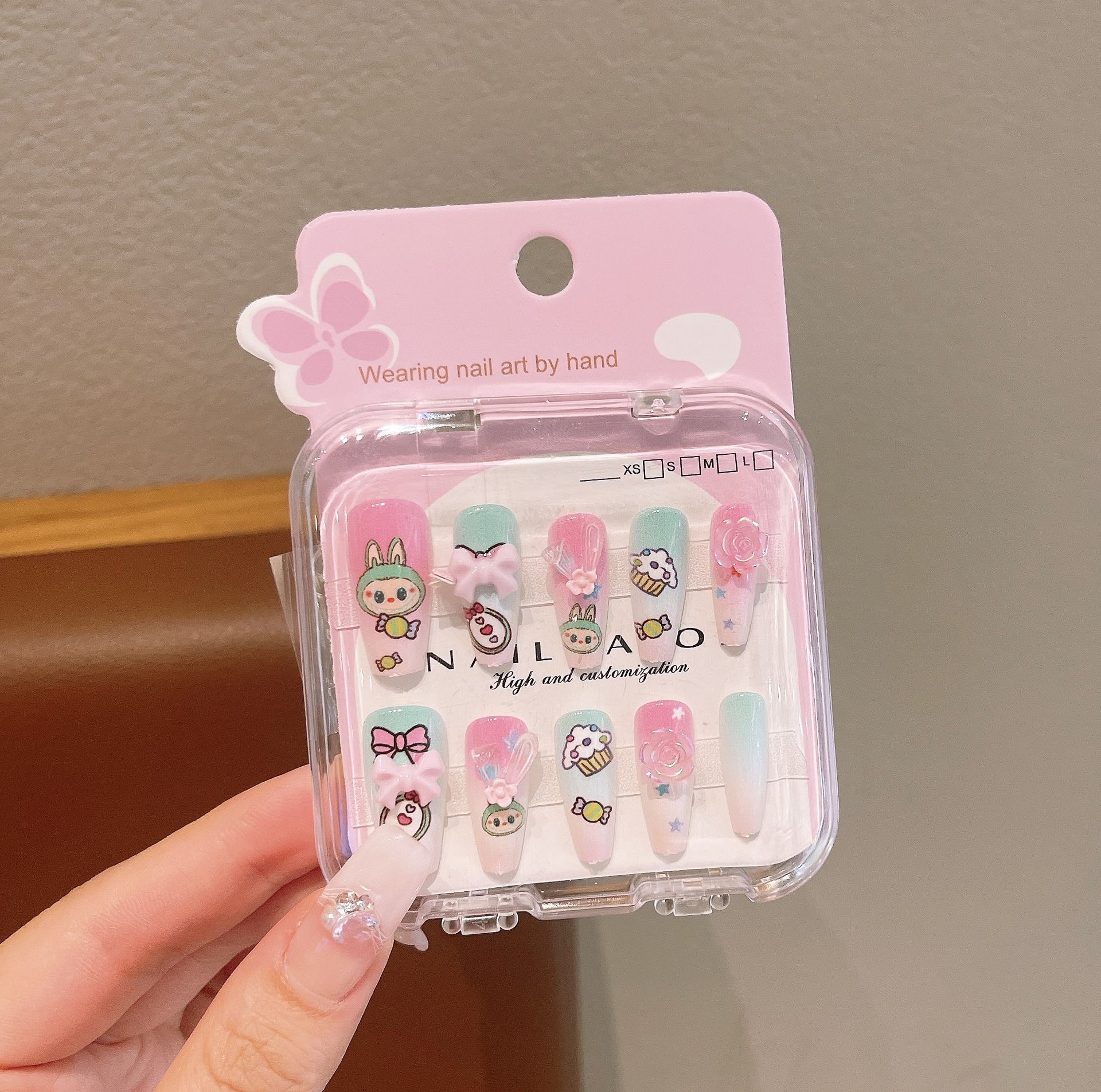 Uñas postizas removibles para niñas, en caja, con diseños de dibujos animados, pegatinas de uñas exquisitas, piezas de uñas.